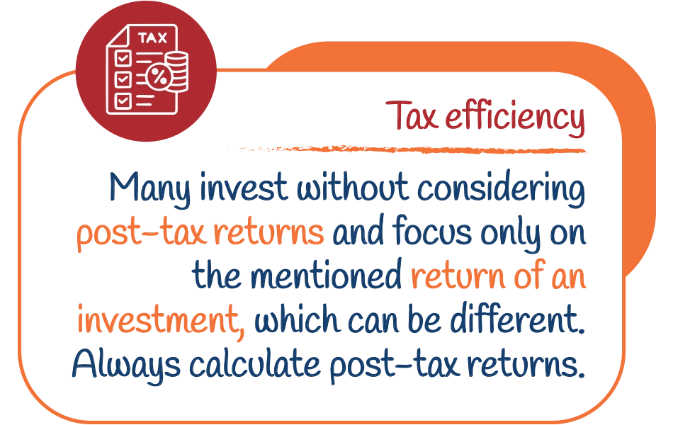 Tax efficiency:Tax efficiency Many invest without considering post-tax returns and focus only on the mentioned return of an investment, which can be different. Always calculate post-tax returns.