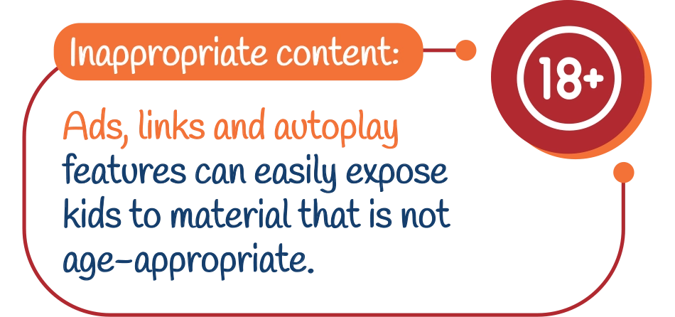 Inappropriate content: Ads, links and autoplay features can easily expose kids to material that is not age-appropriate.
