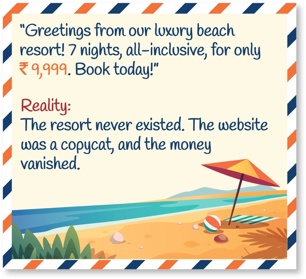 “Greetings from our luxury beach resort! 7 nights, all-inclusive, for only `9,999. Book today!” Reality: The resort never existed. The website was a copycat, and the money vanished.