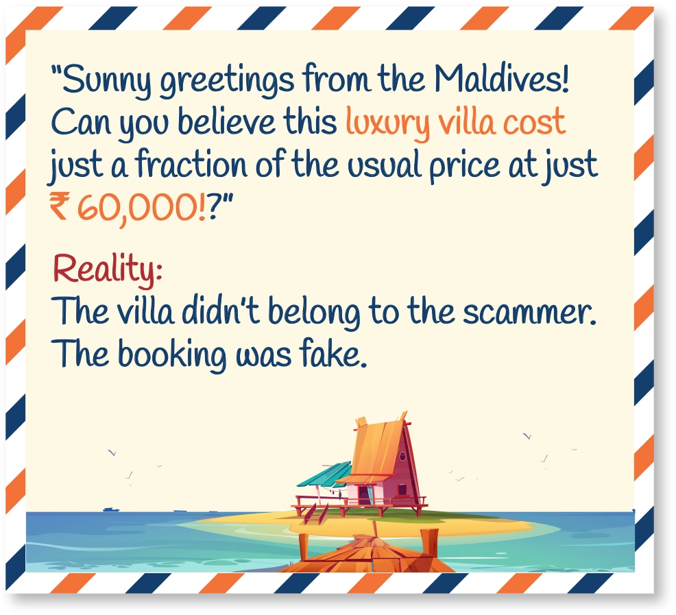 “Hello from the snowy Alps! Ski holiday packages usually cost ₹1,20,000, but thanks to our exclusive agent, we are offering it to you for ₹45,000 only!” Reality: The ‘agent’ was a fraud. Payments were made to a personal account and the family found themselves stranded with no tickets.