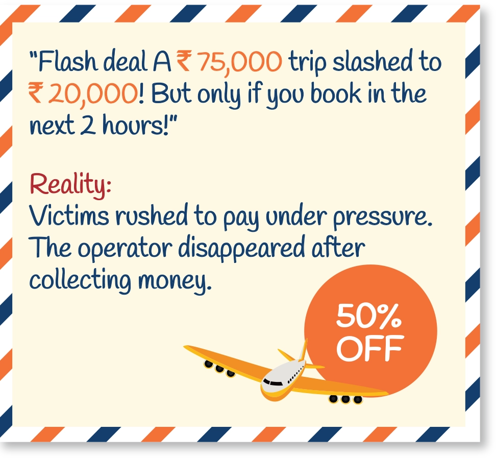 “Flash deal A ₹75,000 trip slashed to ₹20,000! But only if you book in the next 2 hours!” Reality: Victims rushed to pay under pressure. The operator disappeared after collecting money.